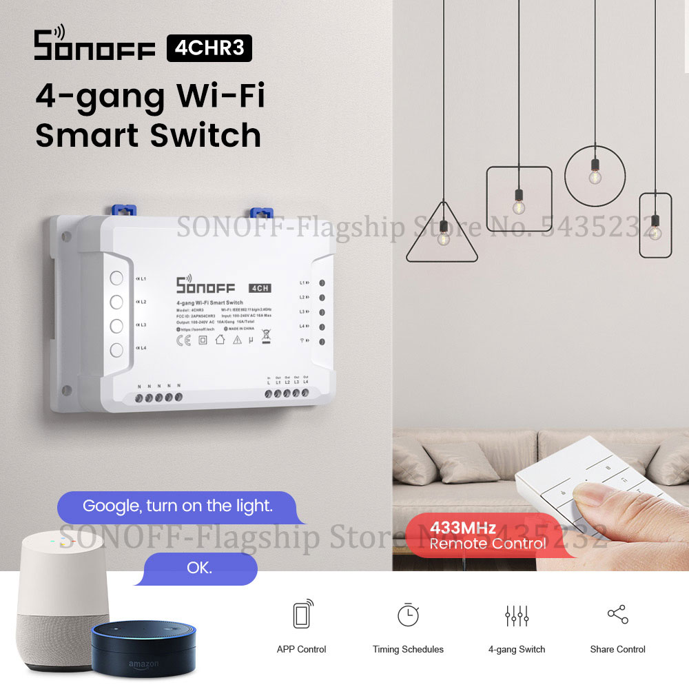 Home Automation Ideas - Itead SONOFF 4CH R3 Wifiรีโมทคอนโทรลไร้สายรีเลย์โมดูลสวิทช์4 Gang