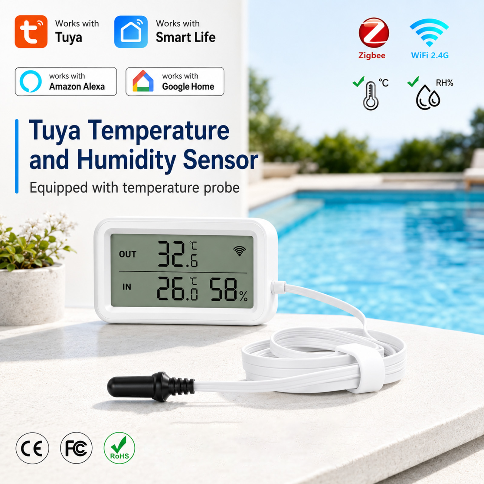 Temperature Humidity Sensor - เซ็นเซอร์วัดอุณหภูมิและความชื้นภายนอก Tuya WiFi Zigbee พร้อมหน้าจอ LCD